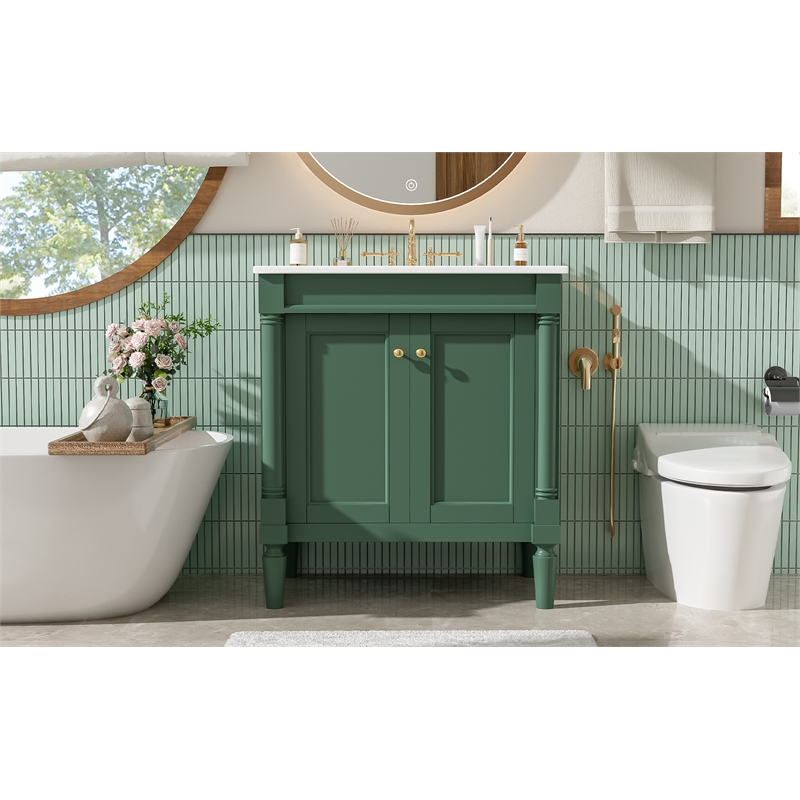 30 Green Solid Wood Bathroom Vanity with ceramic Sink and  Cabinet