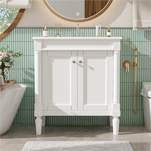 30 White  Solid Wood Bathroom Vanity with Sink and Storage Cabinet