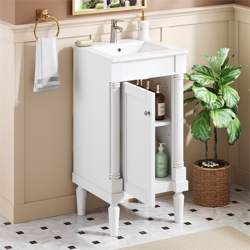 18 French White Solid woodSmall Bathroom Vanity with Adjustable Shelf