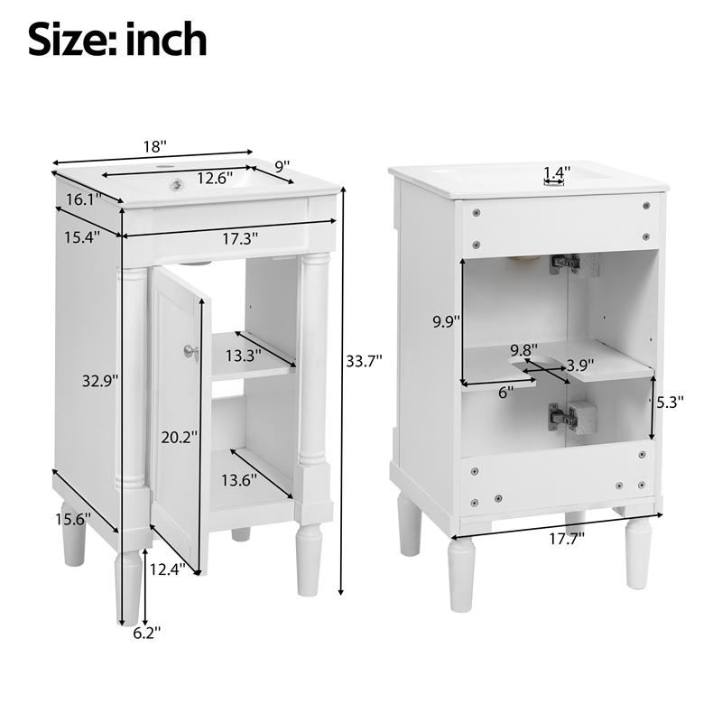 18 French White Solid woodSmall Bathroom Vanity with Adjustable Shelf
