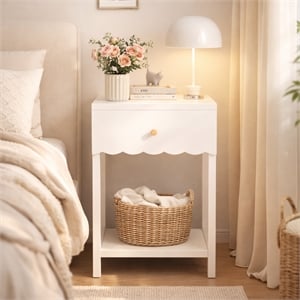 Modern White Solid Wood Scalloped Nightstand with Drawer and Shelf