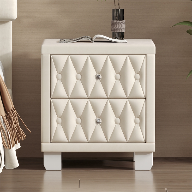 Beige Velvet 2 Drawer Nightstand with Crystal Handle and Button Tufted Detail