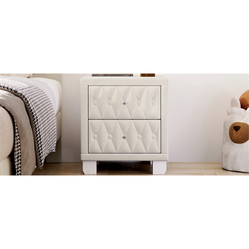 Beige Velvet 2 Drawer Nightstand with Crystal Handle and Button Tufted Detail