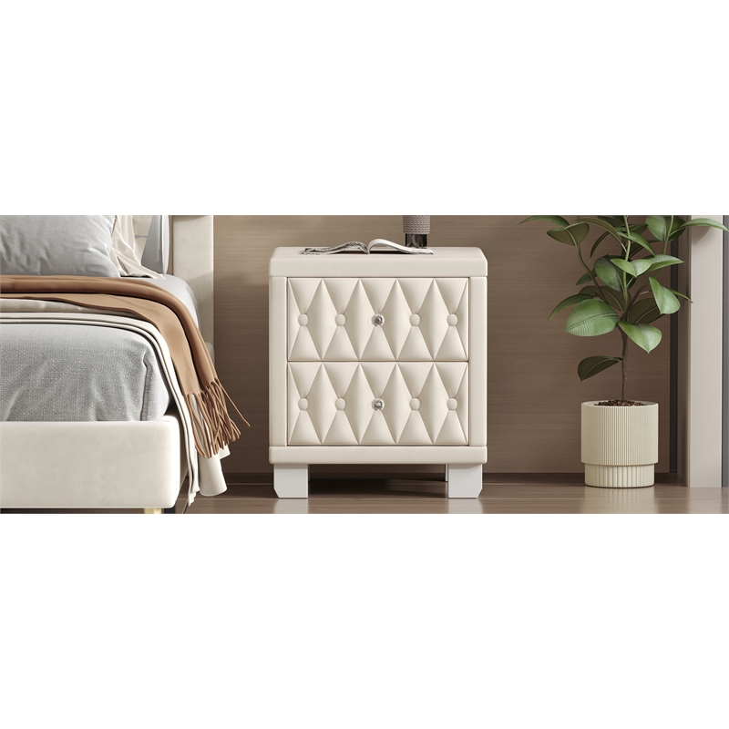 Beige Velvet 2 Drawer Nightstand with Crystal Handle and Button Tufted Detail