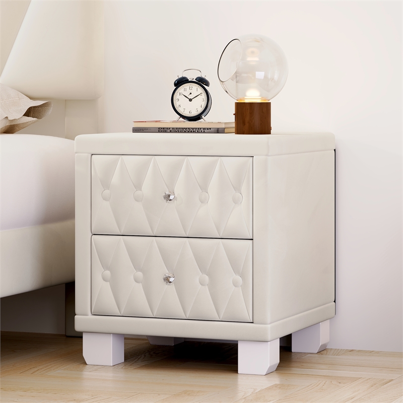 Beige Velvet 2 Drawer Nightstand with Crystal Handle and Button Tufted Detail