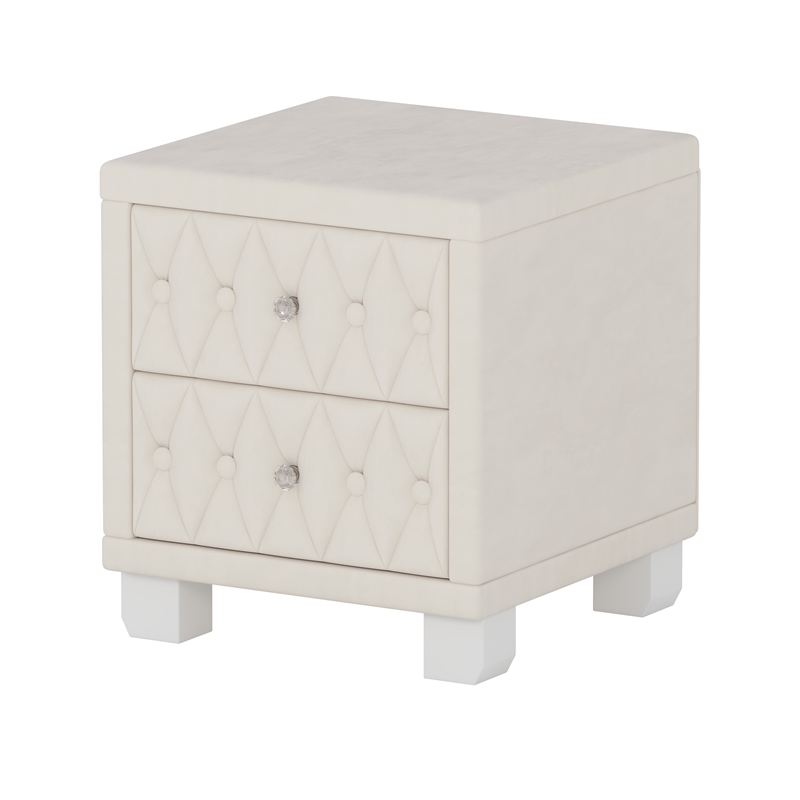 Beige Velvet 2 Drawer Nightstand with Crystal Handle and Button Tufted Detail
