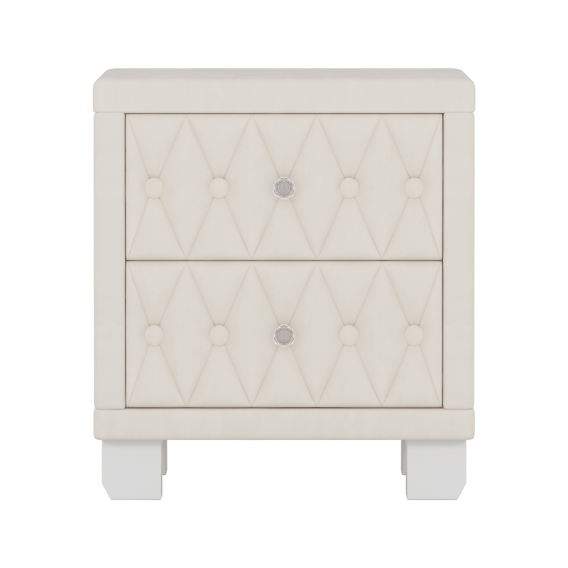 Beige Velvet 2 Drawer Nightstand with Crystal Handle and Button Tufted Detail