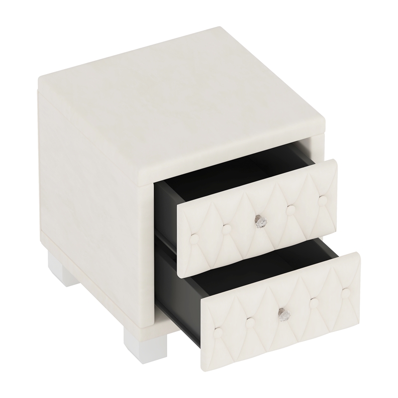 Beige Velvet 2 Drawer Nightstand with Crystal Handle and Button Tufted Detail