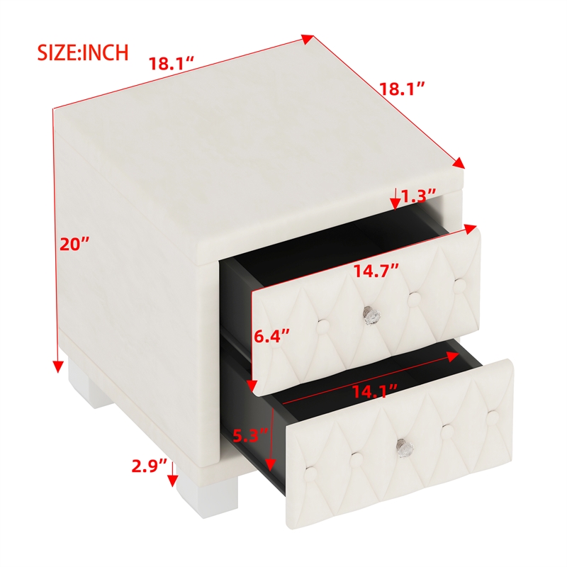 Beige Velvet 2 Drawer Nightstand with Crystal Handle and Button Tufted Detail