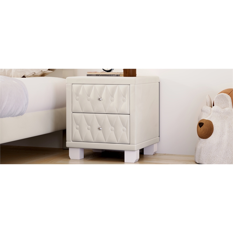 Beige Velvet 2 Drawer Nightstand with Crystal Handle and Button Tufted Detail