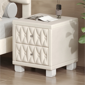Beige Velvet 2 Drawer Nightstand with Crystal Handle and Button Tufted Detail