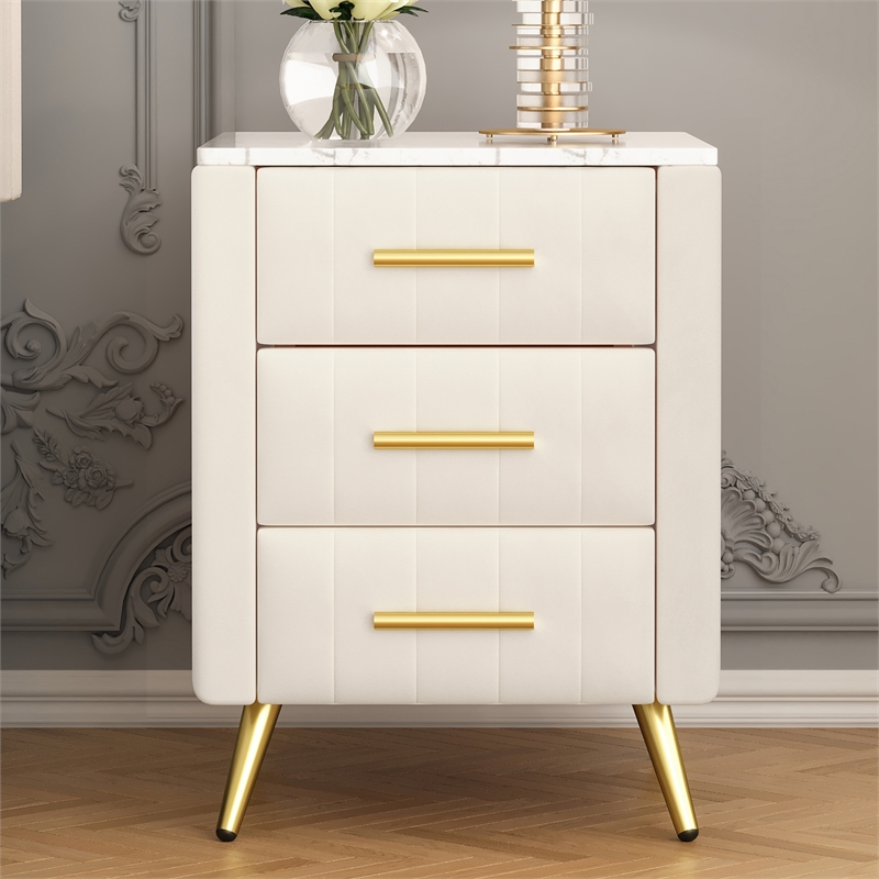 Beige Velvet Upholstered 3 Drawer Nightstand with Metal Legs and Marbling Top