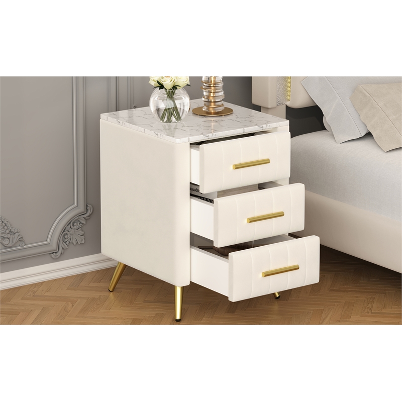 Beige Velvet Upholstered 3 Drawer Nightstand with Metal Legs and Marbling Top
