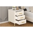 Beige Velvet Upholstered 3 Drawer Nightstand with Metal Legs and Marbling Top