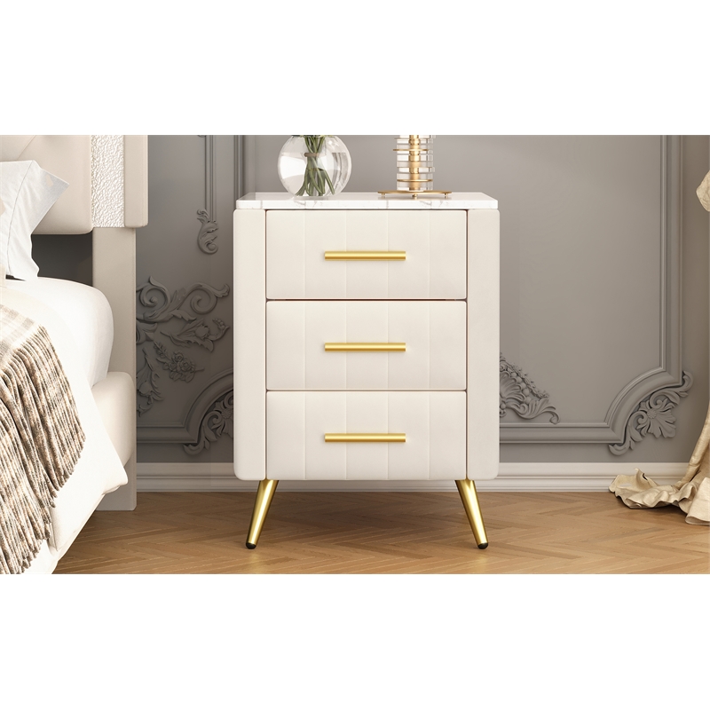 Beige Velvet Upholstered 3 Drawer Nightstand with Metal Legs and Marbling Top
