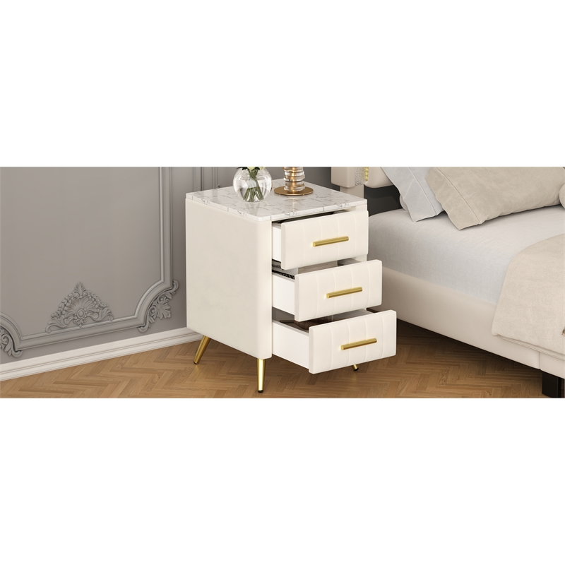 Beige Velvet Upholstered 3 Drawer Nightstand with Metal Legs and Marbling Top