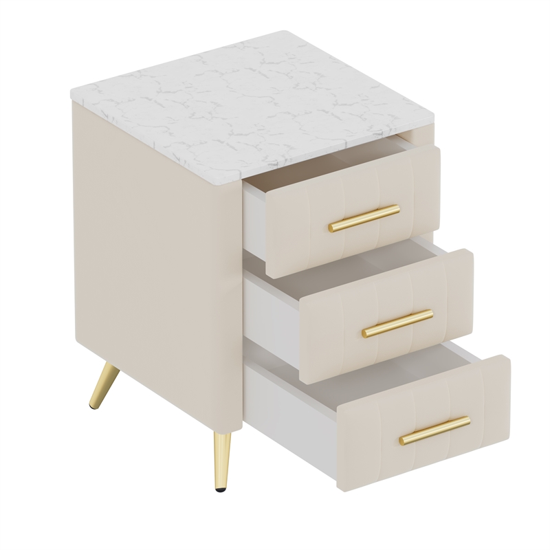 Beige Velvet Upholstered 3 Drawer Nightstand with Metal Legs and Marbling Top