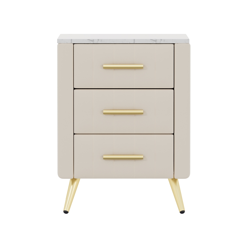 Beige Velvet Upholstered 3 Drawer Nightstand with Metal Legs and Marbling Top