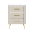 Beige Velvet Upholstered 3 Drawer Nightstand with Metal Legs and Marbling Top