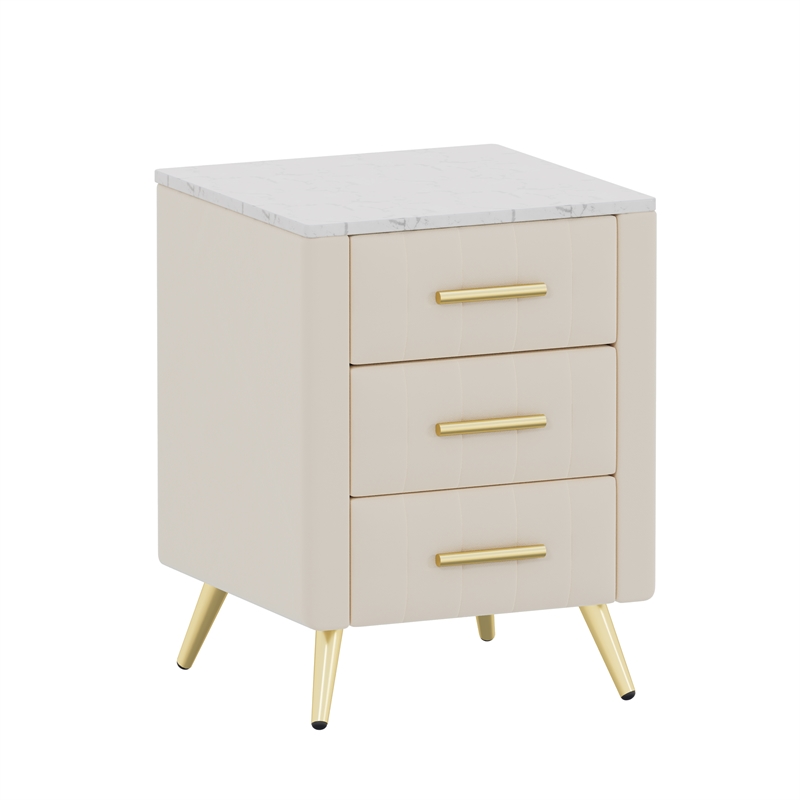 Beige Velvet Upholstered 3 Drawer Nightstand with Metal Legs and Marbling Top