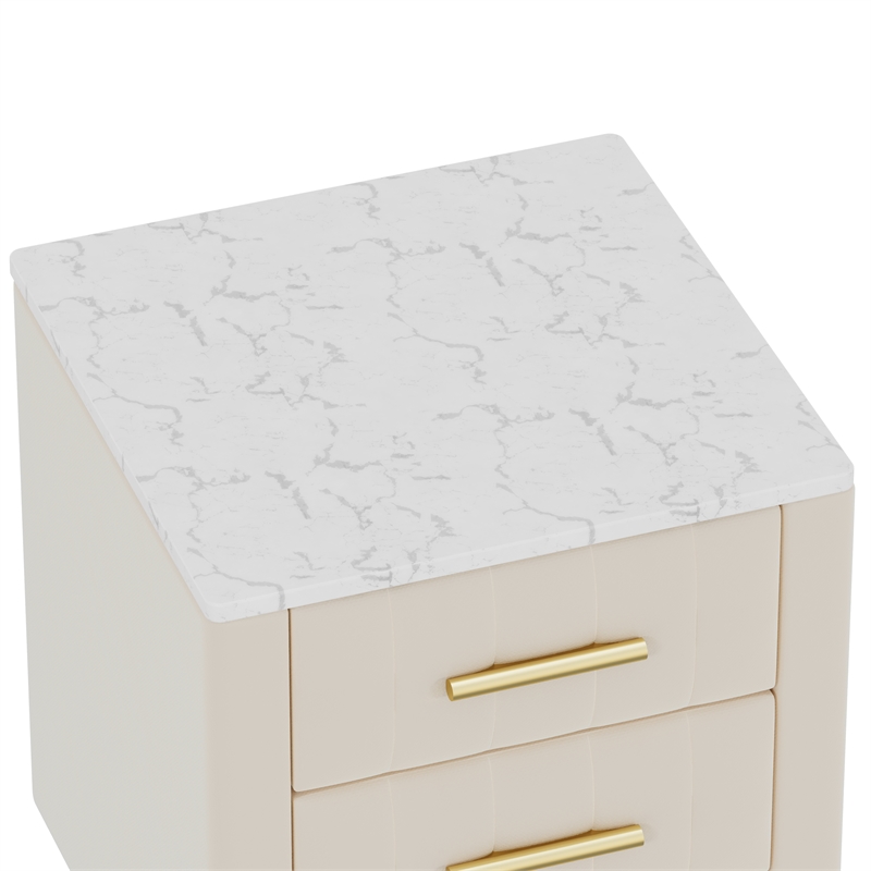 Beige Velvet Upholstered 3 Drawer Nightstand with Metal Legs and Marbling Top