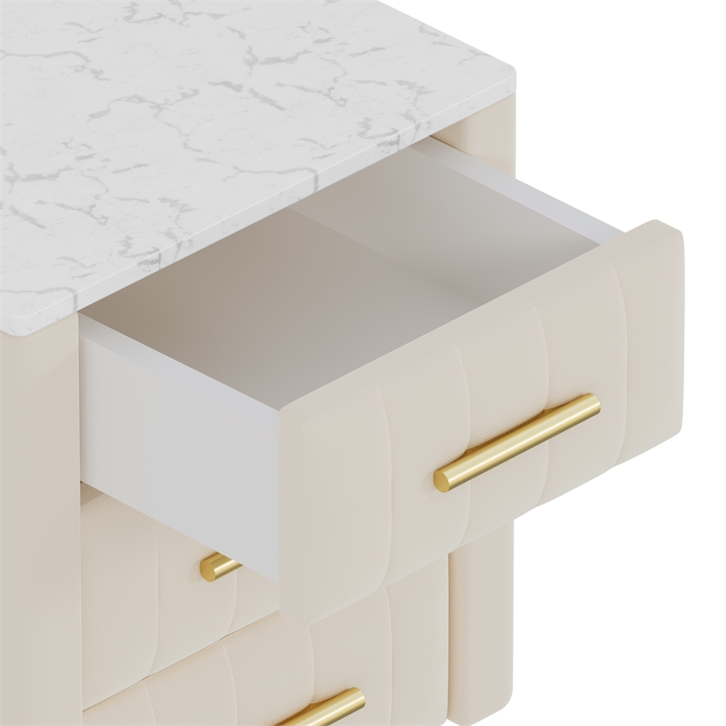 Beige Velvet Upholstered 3 Drawer Nightstand with Metal Legs and Marbling Top