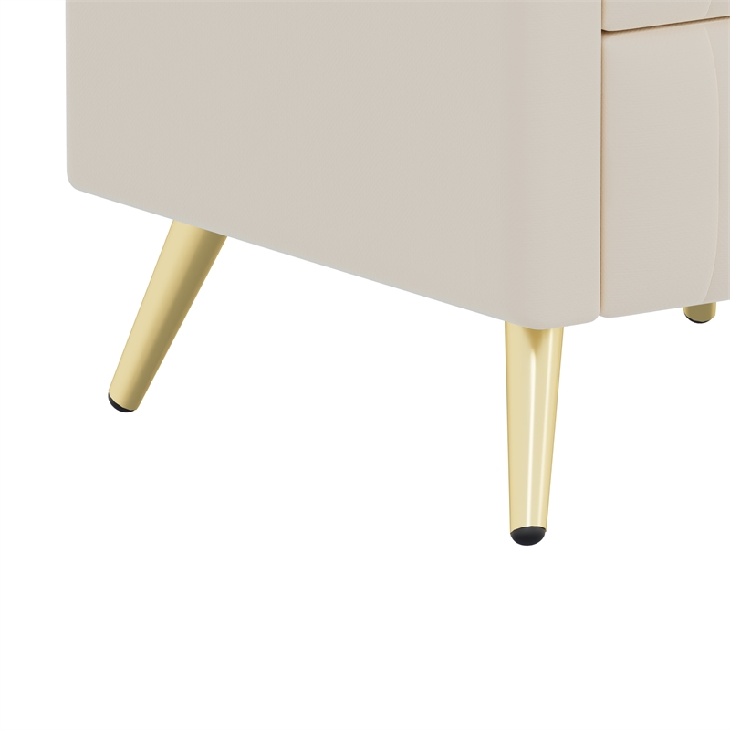 Beige Velvet Upholstered 3 Drawer Nightstand with Metal Legs and Marbling Top