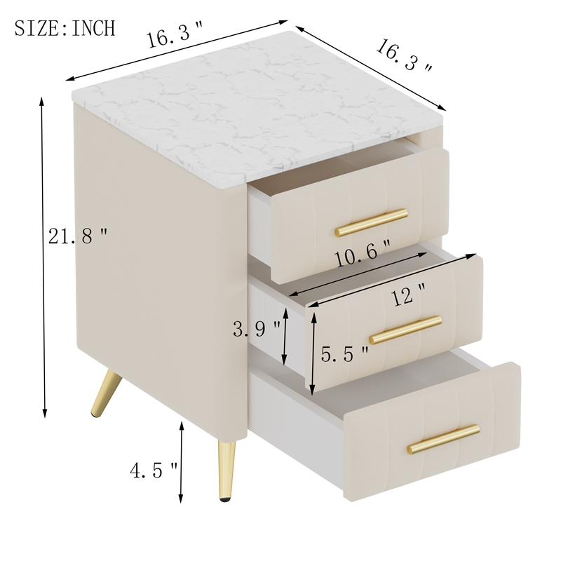 Beige Velvet Upholstered 3 Drawer Nightstand with Metal Legs and Marbling Top