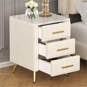 Beige Velvet Upholstered 3 Drawer Nightstand with Metal Legs and Marbling Top