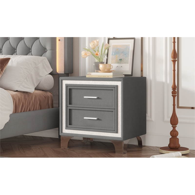 Gray Velvet Mid Century Vintage Nightstand with 2 Drawers and Metal Legs