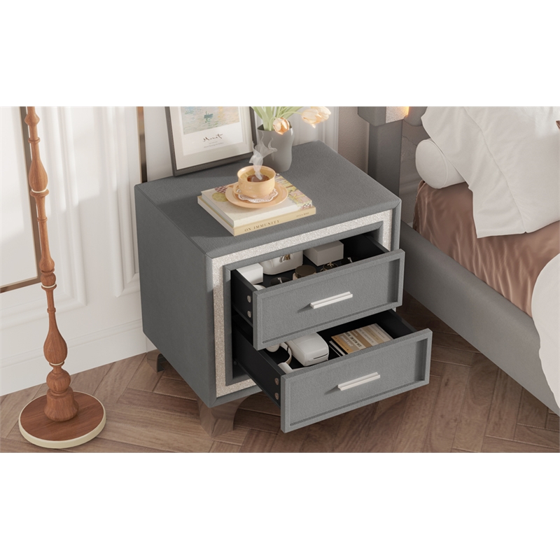 Gray Velvet Mid Century Vintage Nightstand with 2 Drawers and Metal Legs