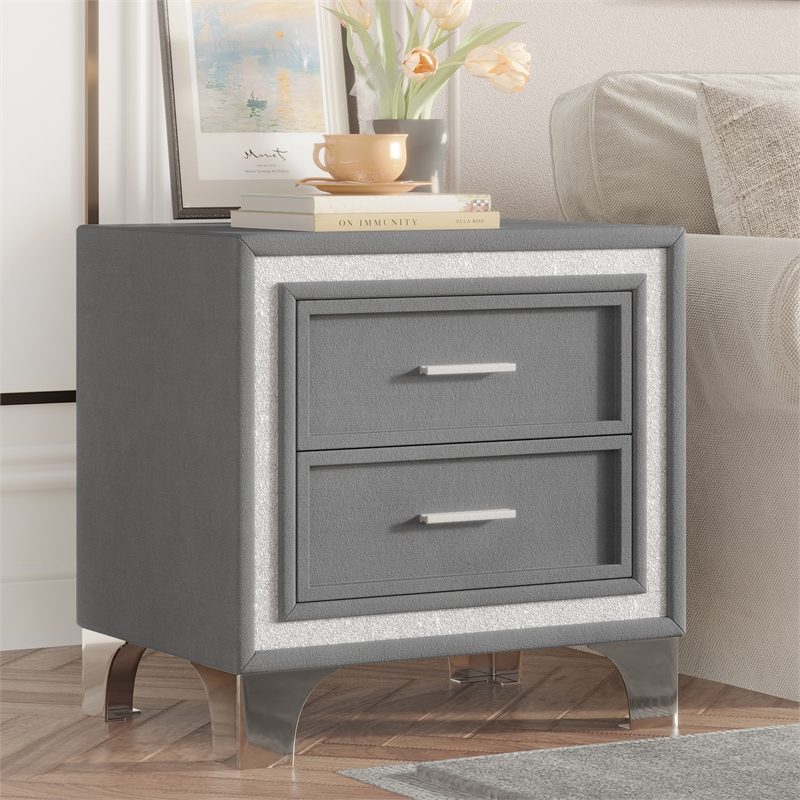 Gray Velvet Mid Century Vintage Nightstand with 2 Drawers and Metal Legs
