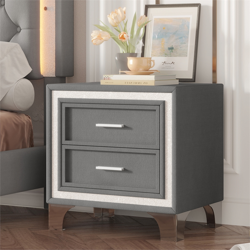 Gray Velvet Mid Century Vintage Nightstand with 2 Drawers and Metal Legs
