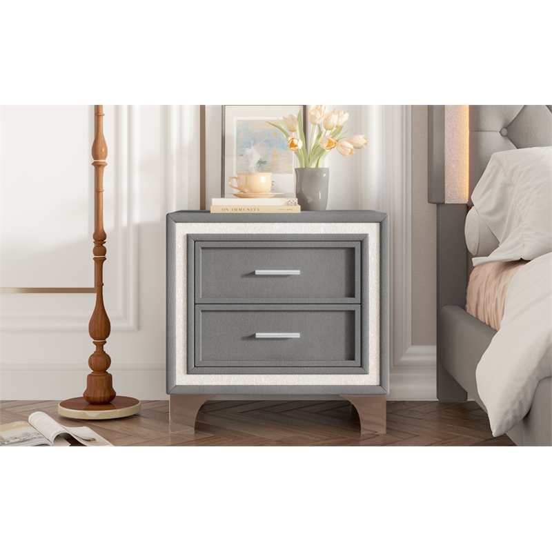 Gray Velvet Mid Century Vintage Nightstand with 2 Drawers and Metal Legs