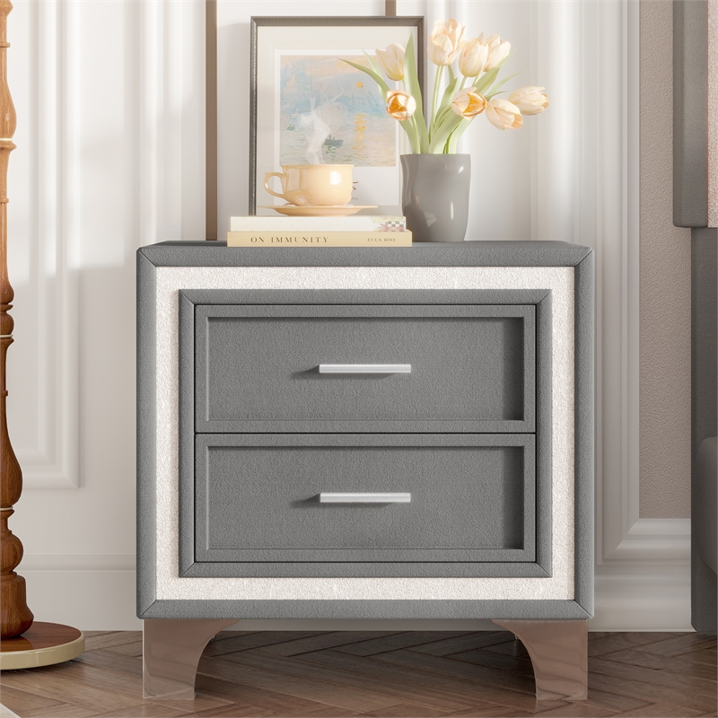 Gray Velvet Mid Century Vintage Nightstand with 2 Drawers and Metal Legs