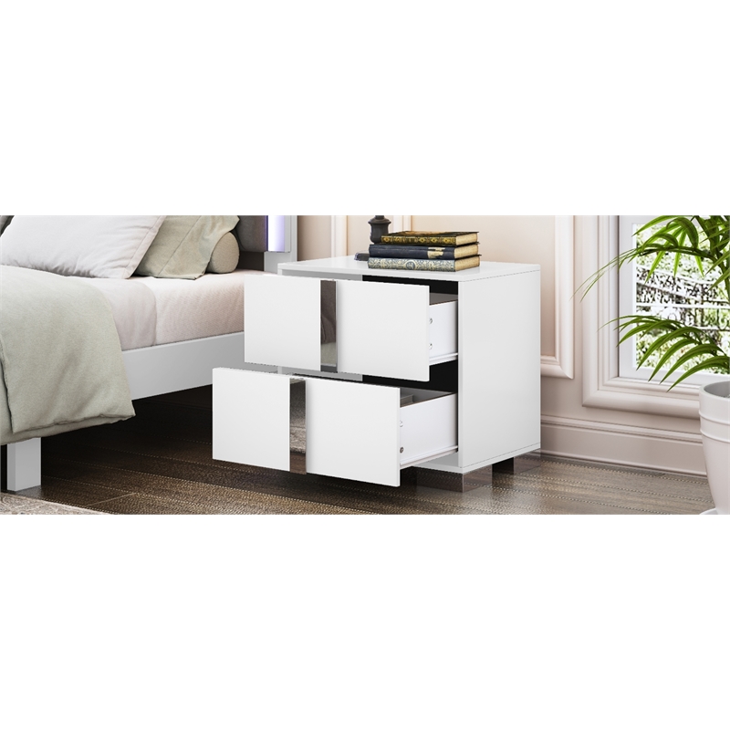 White Solid Wood 2-Drawer Nightstand with Mirrored Finish and Metal Feet