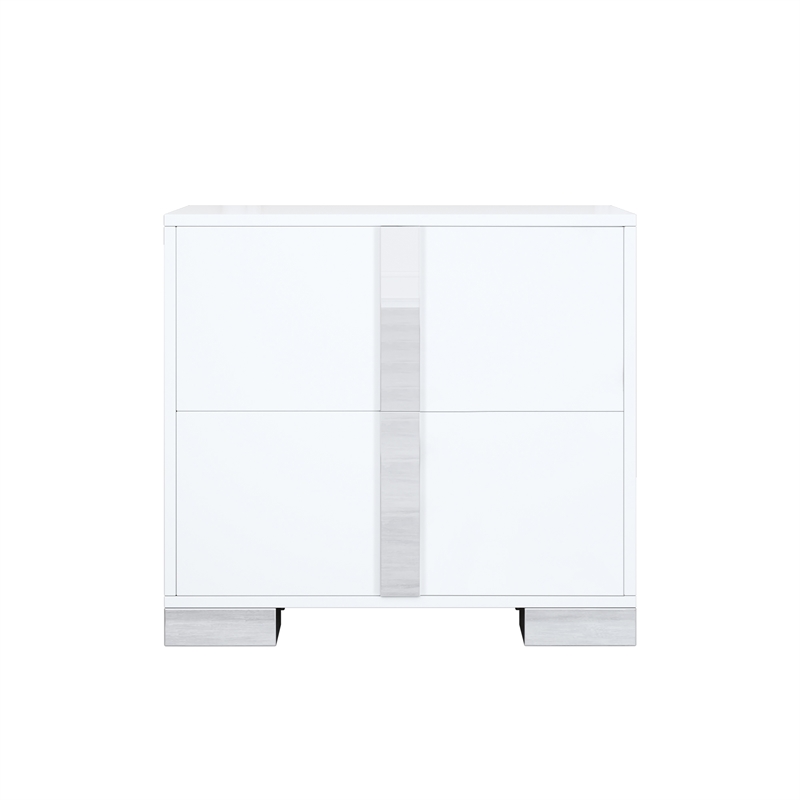 White Solid Wood 2-Drawer Nightstand with Mirrored Finish and Metal Feet