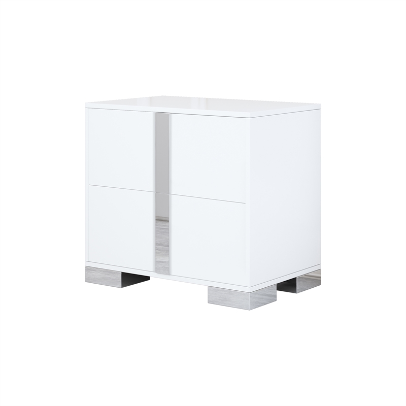 White Solid Wood 2-Drawer Nightstand with Mirrored Finish and Metal Feet