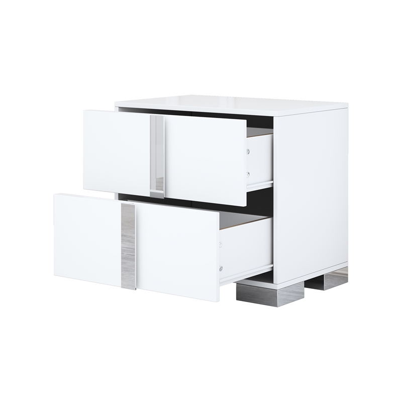 White Solid Wood 2-Drawer Nightstand with Mirrored Finish and Metal Feet