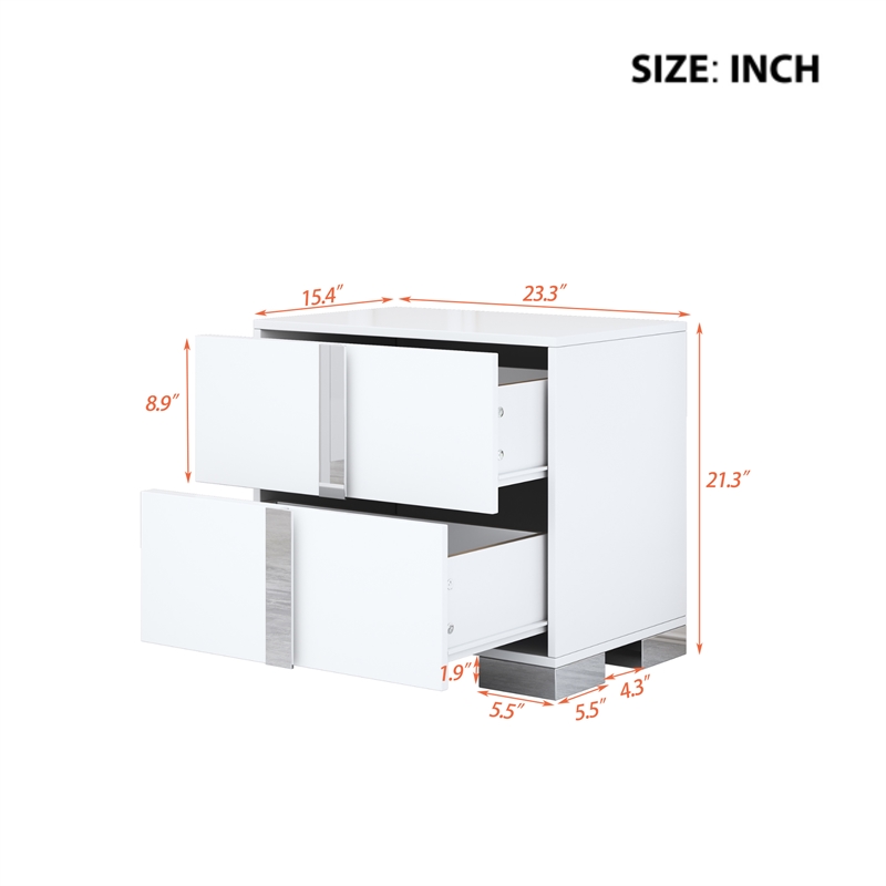 White Solid Wood 2-Drawer Nightstand with Mirrored Finish and Metal Feet