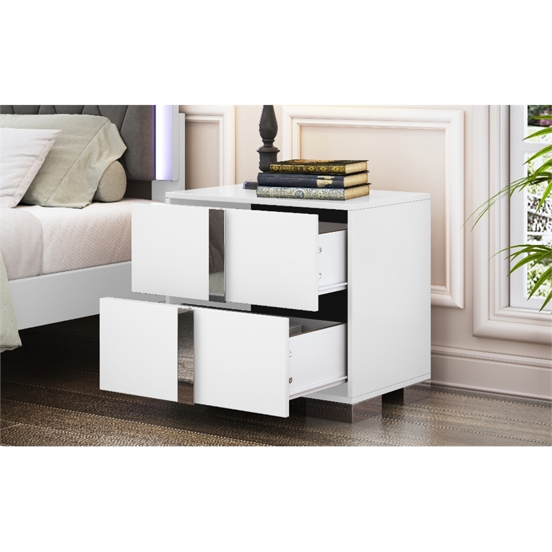 White Solid Wood 2-Drawer Nightstand with Mirrored Finish and Metal Feet