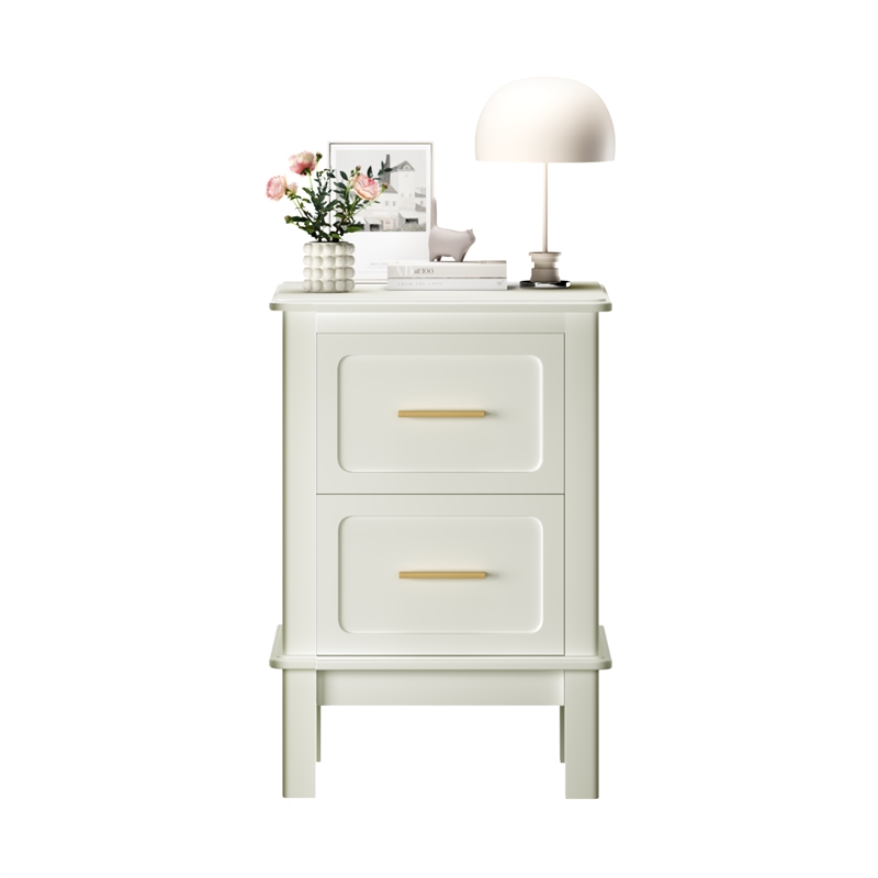 White Solid Wood Modern 2 Drawer Nightstand with Gold Handles