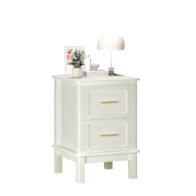 White Solid Wood Modern 2 Drawer Nightstand with Gold Handles
