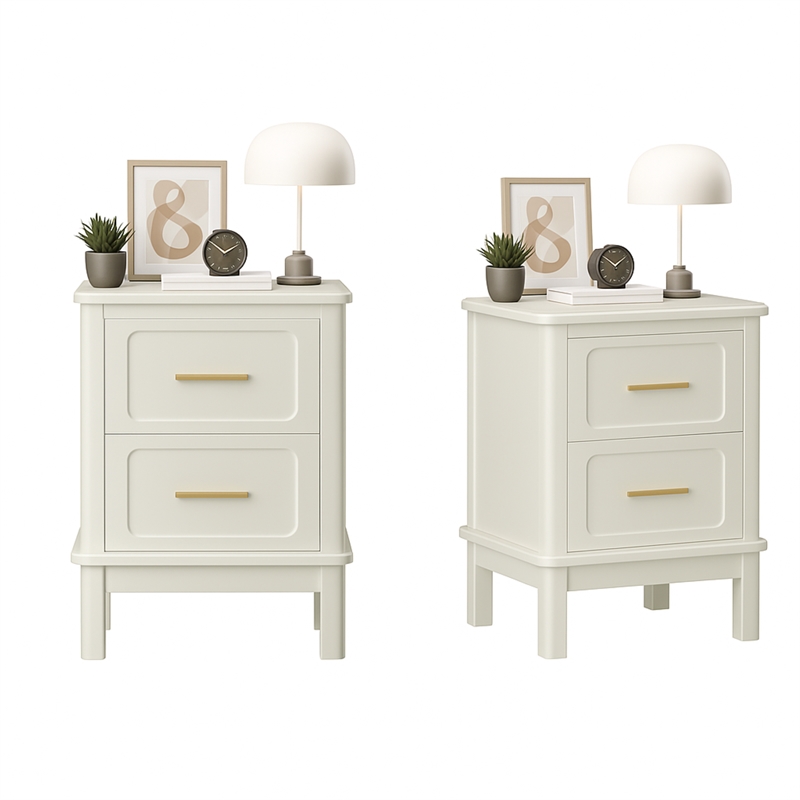 White Solid Wood Modern 2 Drawer Nightstand with Gold Handles