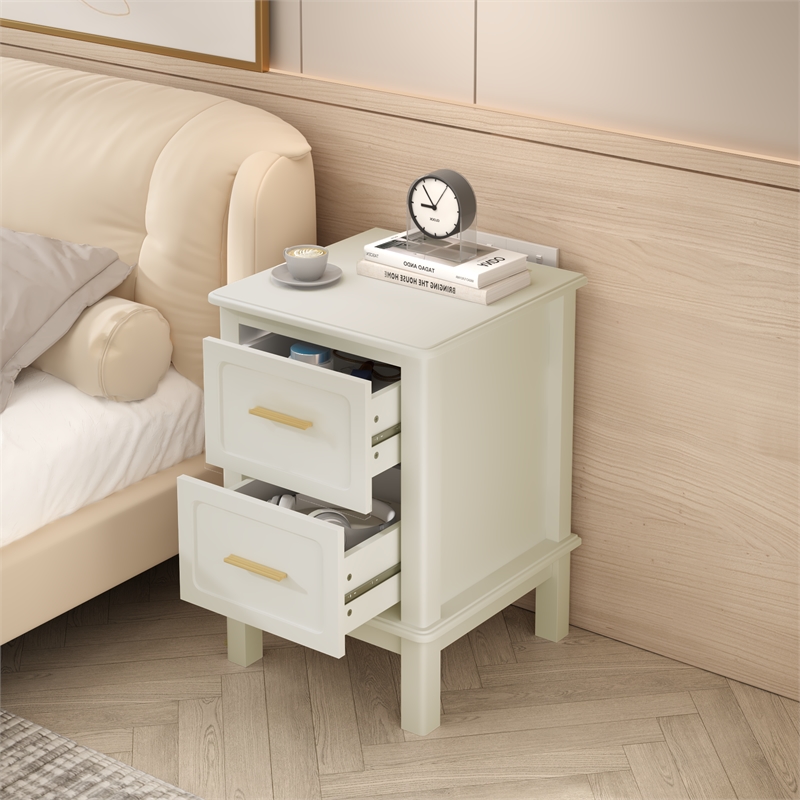 White Solid Wood Modern 2 Drawer Nightstand with Gold Handles
