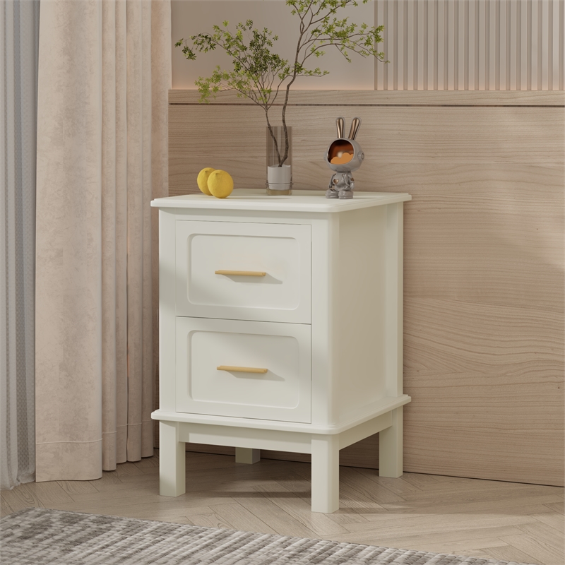 White Solid Wood Modern 2 Drawer Nightstand with Gold Handles
