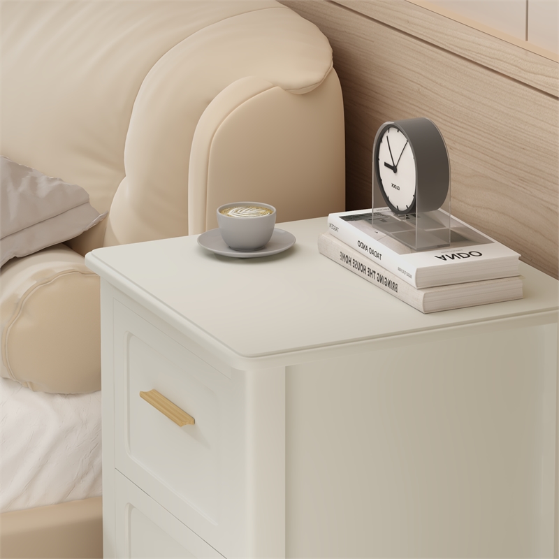 White Solid Wood Modern 2 Drawer Nightstand with Gold Handles