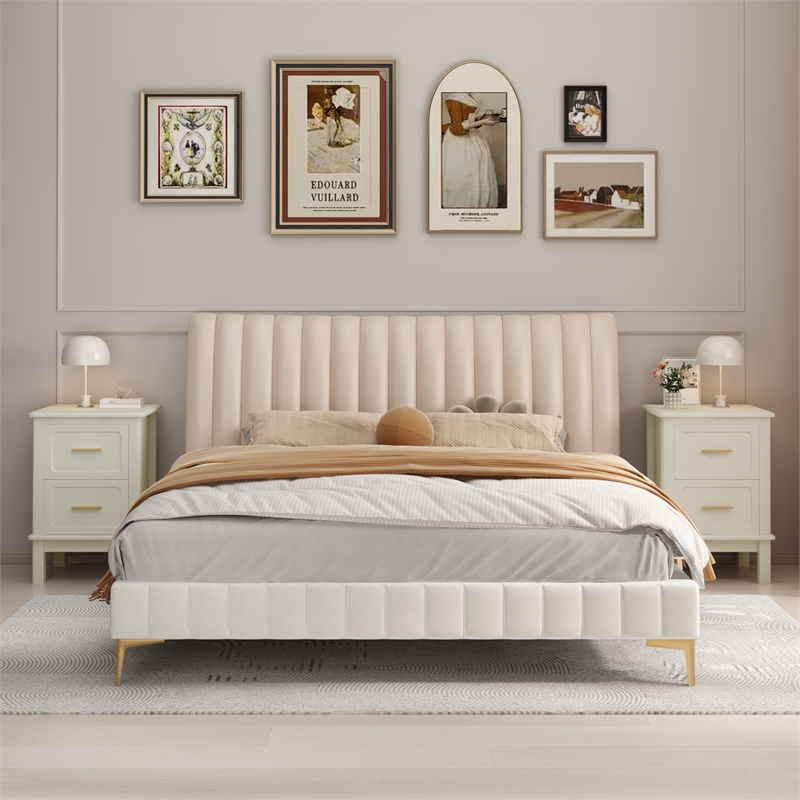 White Solid Wood Modern 2 Drawer Nightstand with Gold Handles