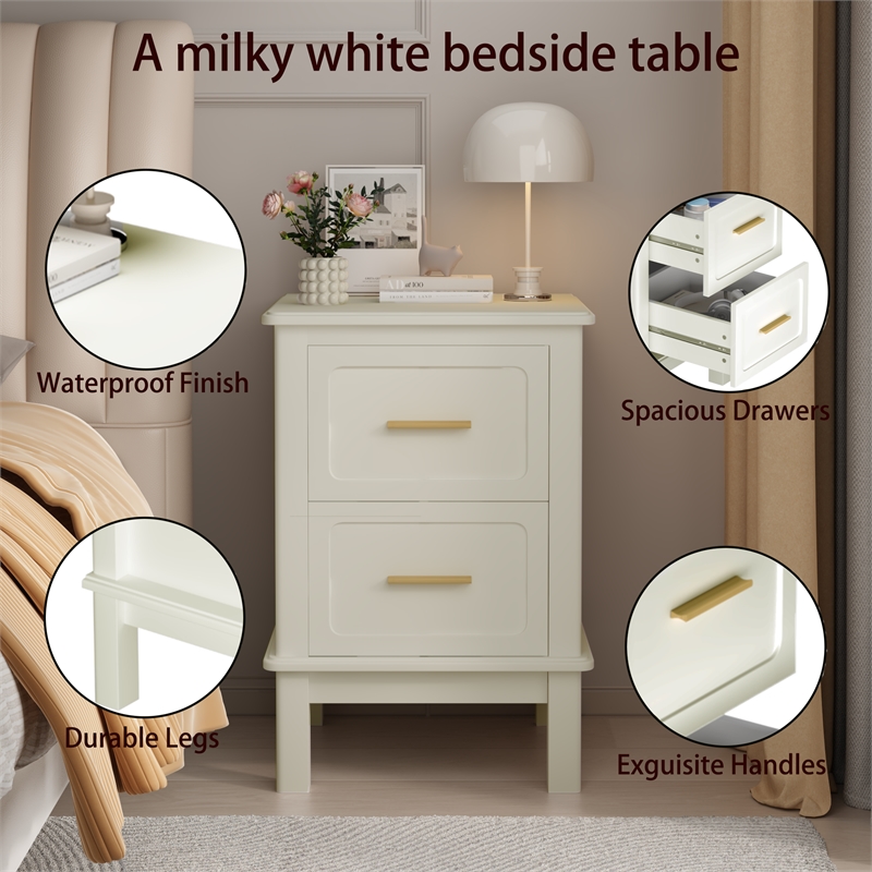 White Solid Wood Modern 2 Drawer Nightstand with Gold Handles