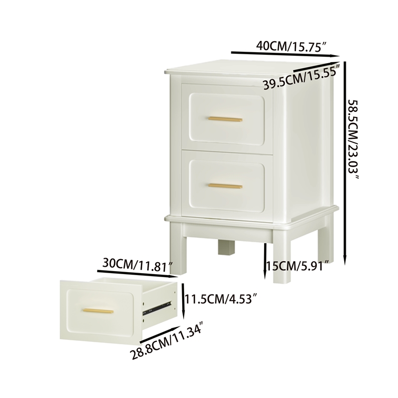 White Solid Wood Modern 2 Drawer Nightstand with Gold Handles